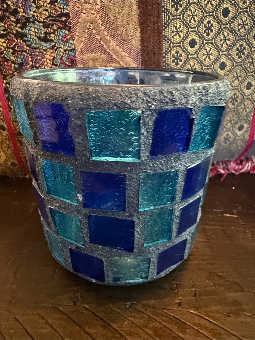 vintage Blue & Teal Mosaic Glass Votive Holder